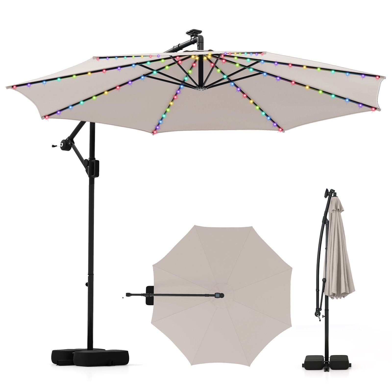 10 Feet Solar Offset Hanging Umbrella with Base and LED Lights-Beige