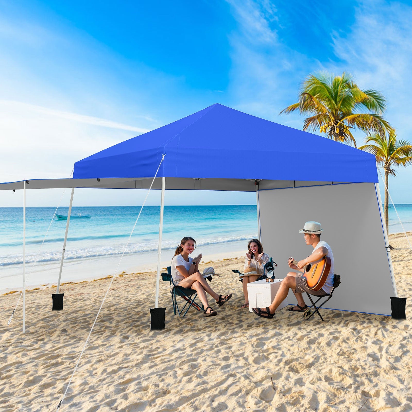 14 x 9.2 Feet Pop up Canopy Tent with 2 Convertible Sidewalls to Awning and Stakes-Blue