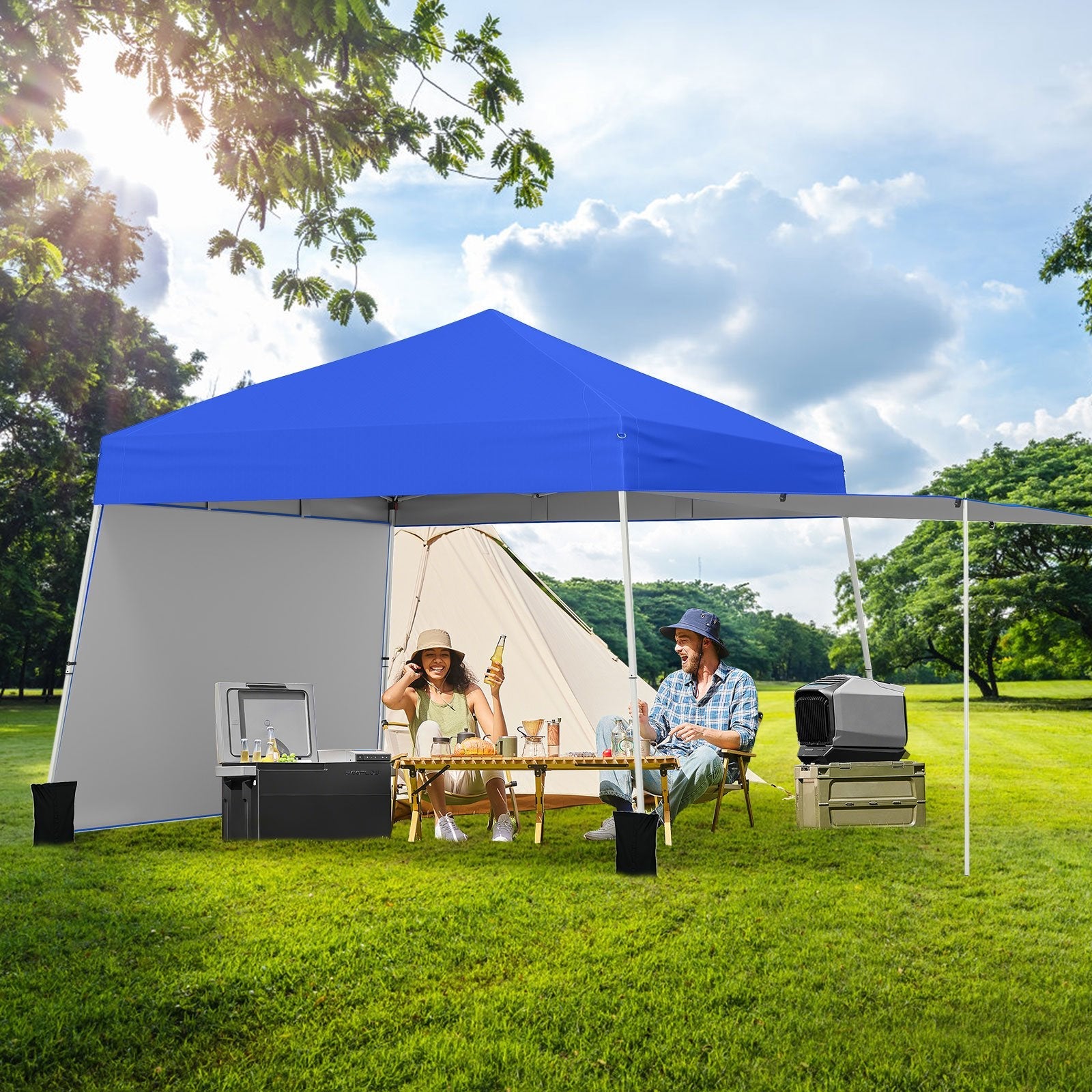 14 x 9.2 Feet Pop up Canopy Tent with 2 Convertible Sidewalls to Awning and Stakes-Blue