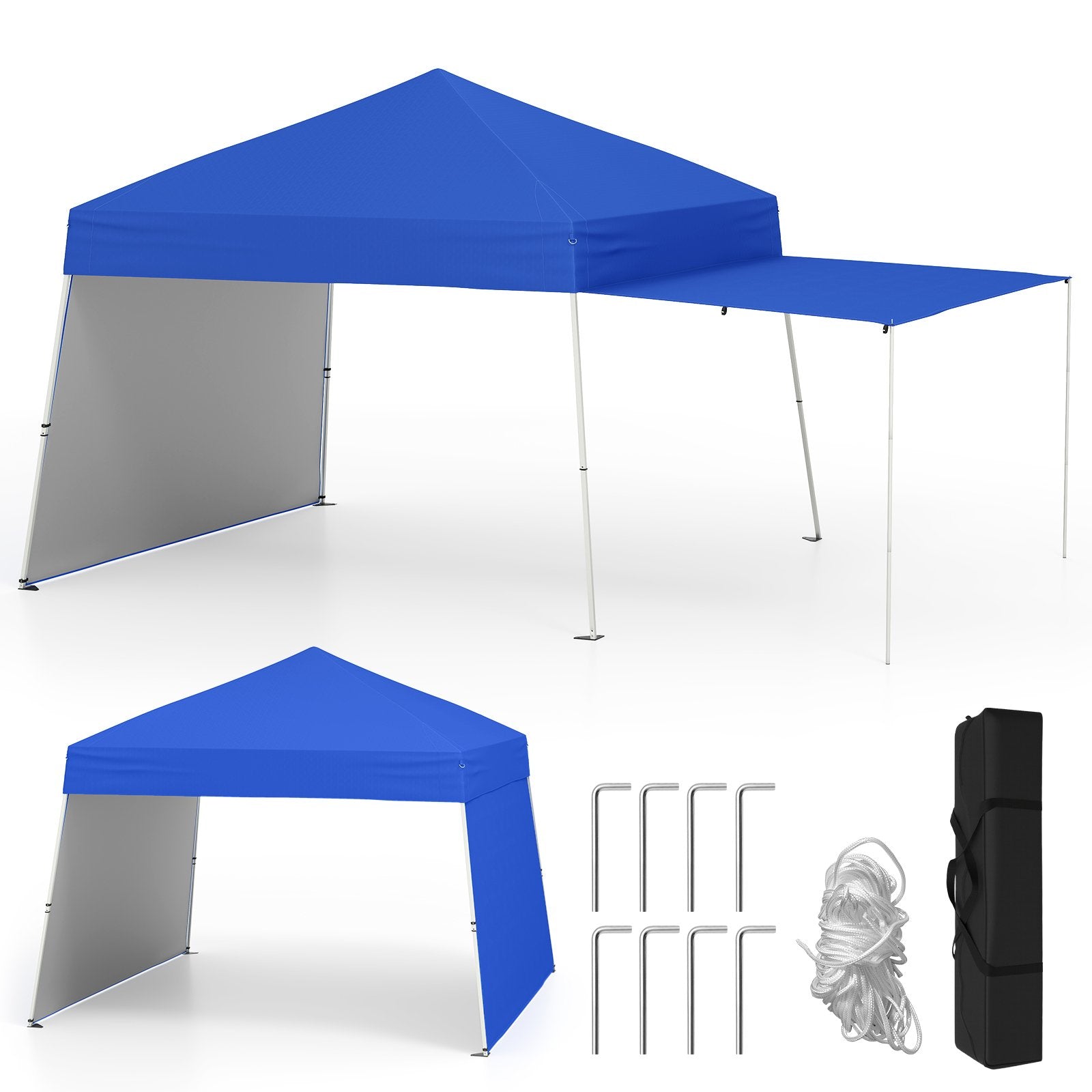 14 x 9.2 Feet Pop up Canopy Tent with 2 Convertible Sidewalls to Awning and Stakes-Blue