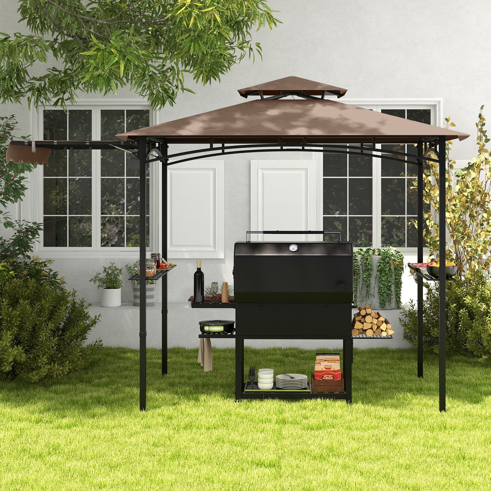 11 x 5 FT Grill Gazebo with Side Awning and Double-Tiered Top-Beige
