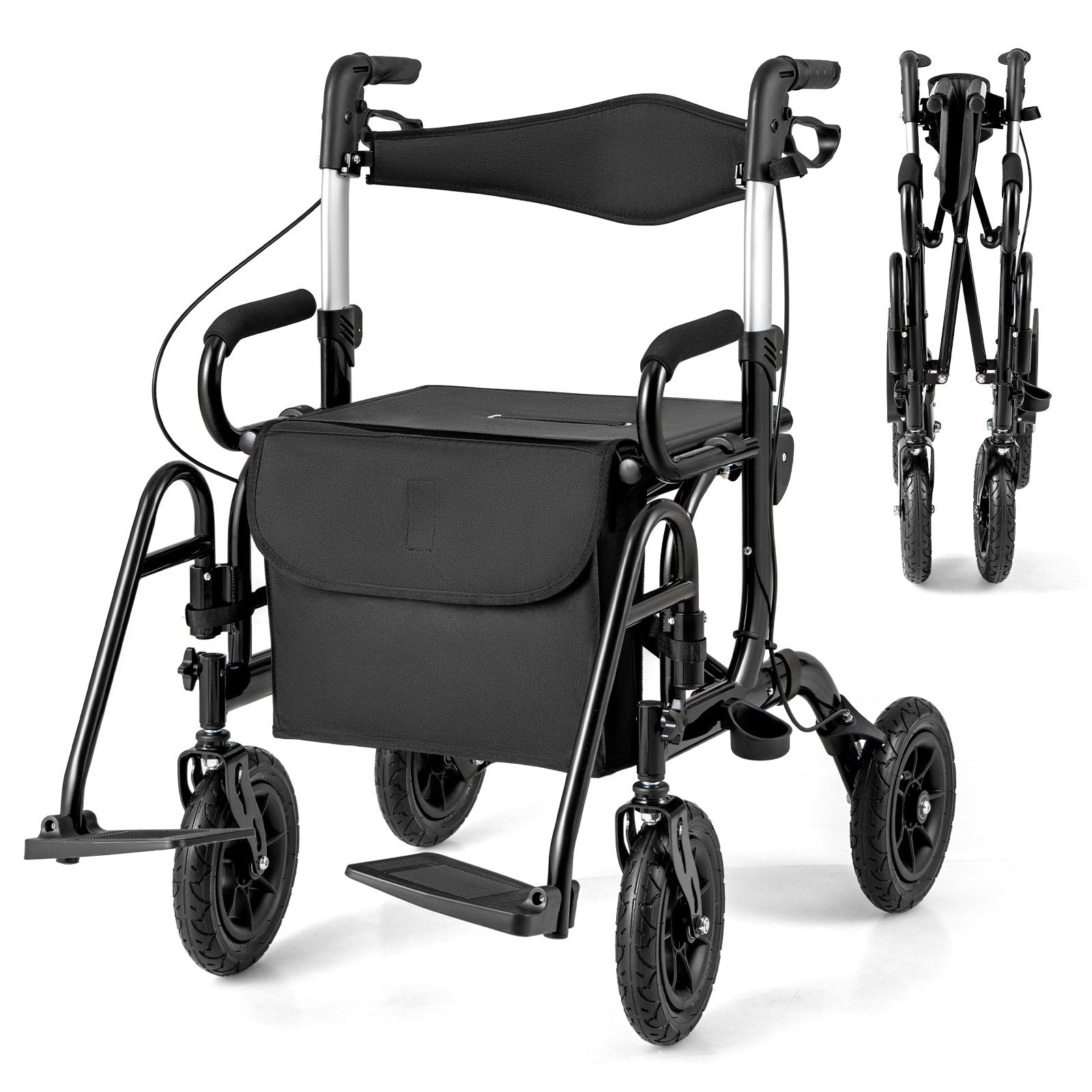2-in-1 Foldable Rollator Walker with Seat abd 9 Inch Pneumatic Tires for Seniors-Black