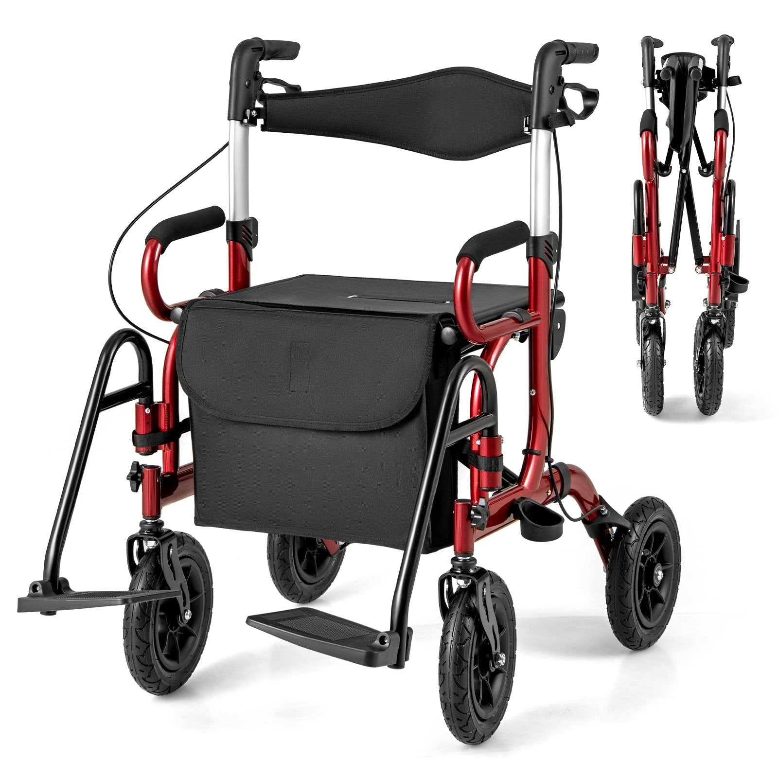2-in-1 Foldable Rollator Walker with Seat abd 9 Inch Pneumatic Tires for Seniors-Black