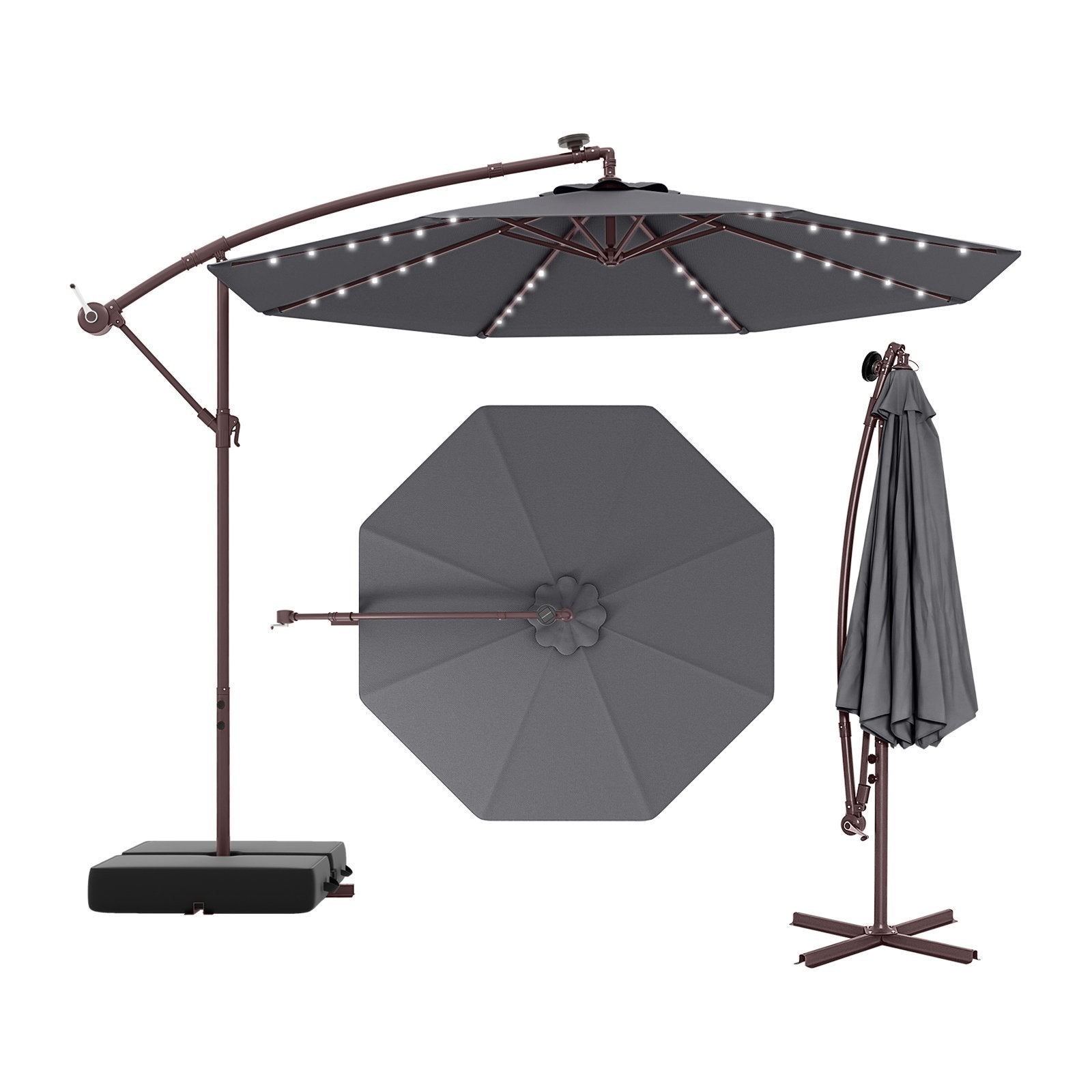 10 Ft Patio Umbrella Offset Cantilever Umbrella with 40 Solar Powered Lights-Gray