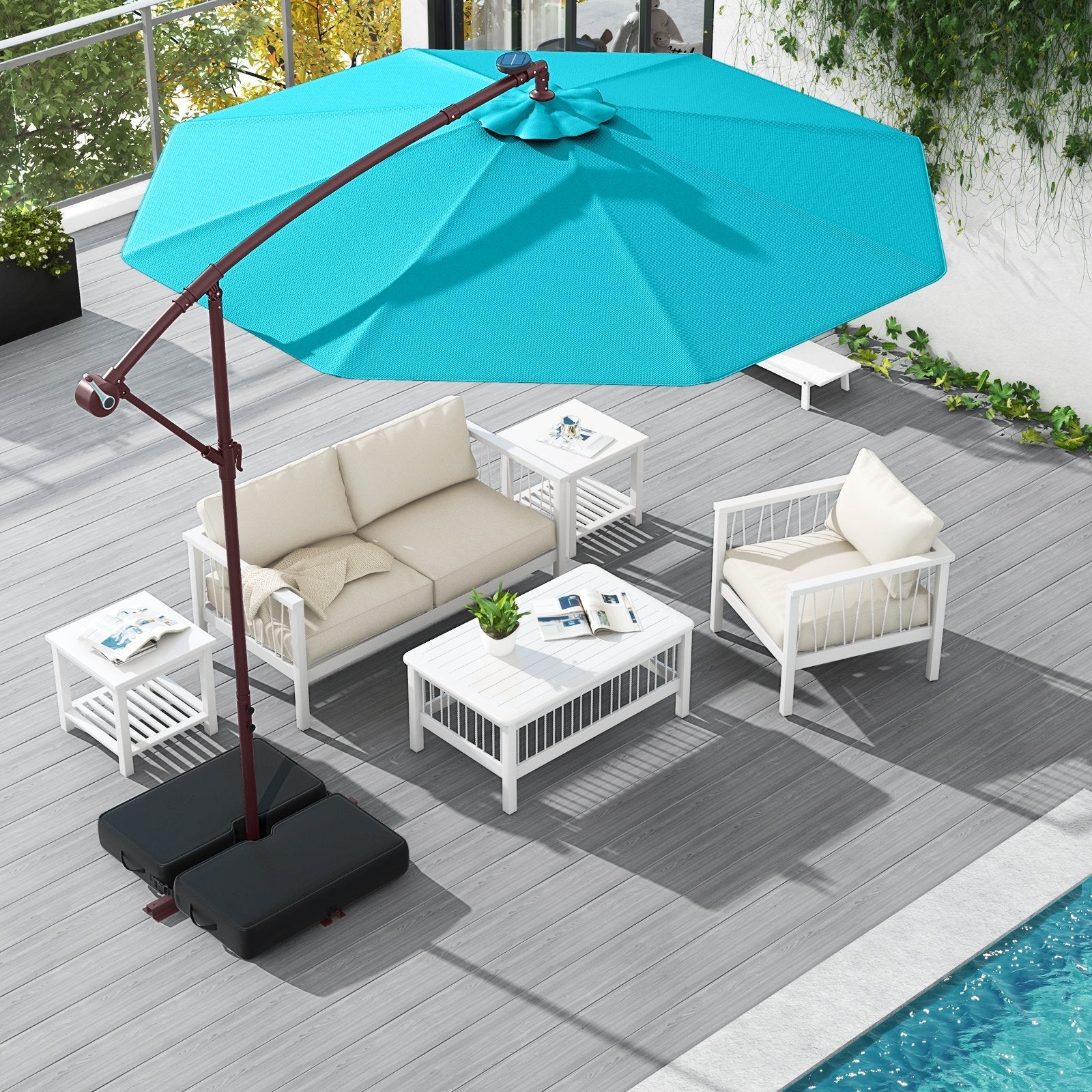 10 Ft Patio Umbrella Offset Cantilever Umbrella with 40 Solar Powered Lights-Gray