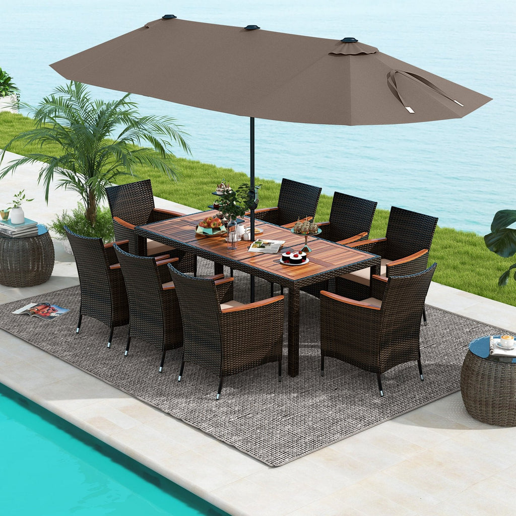 11 Pieces Patio Dining Set with 15 Feet Double-Sided Patio Umbrella and Base-Beige
