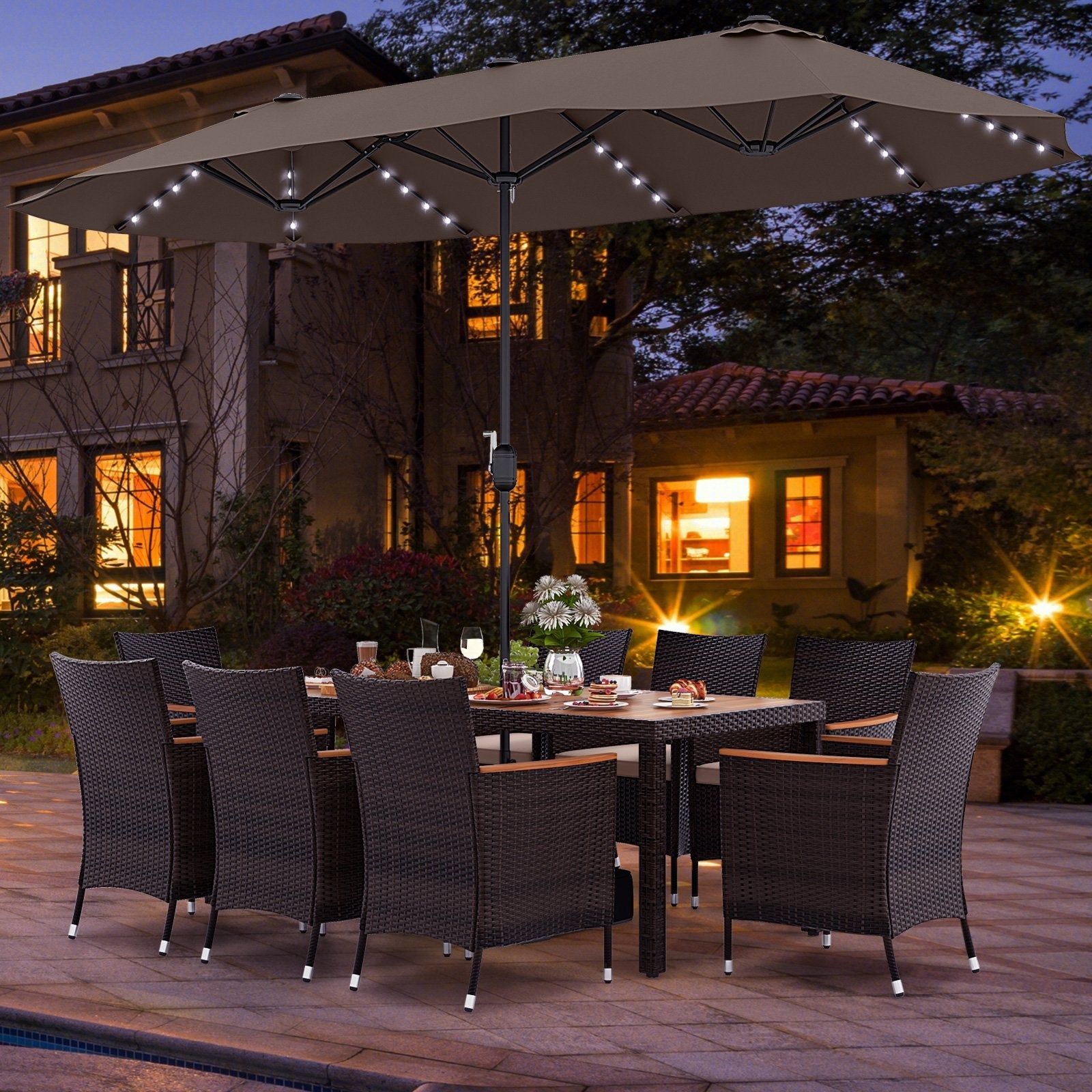 11 Pieces Patio Dining Set with 15 Feet Double-Sided Patio Umbrella and Base-Beige