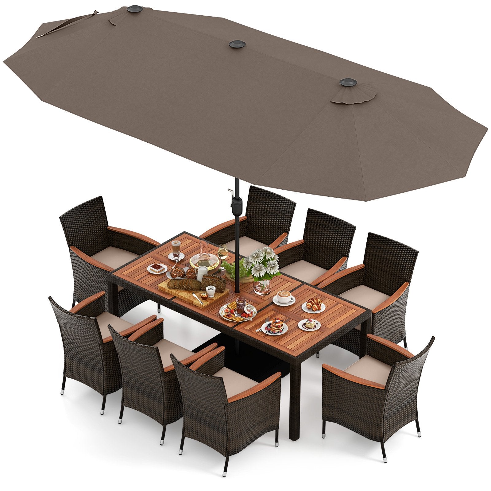 11 Pieces Patio Dining Set with 15 Feet Double-Sided Patio Umbrella and Base-Beige