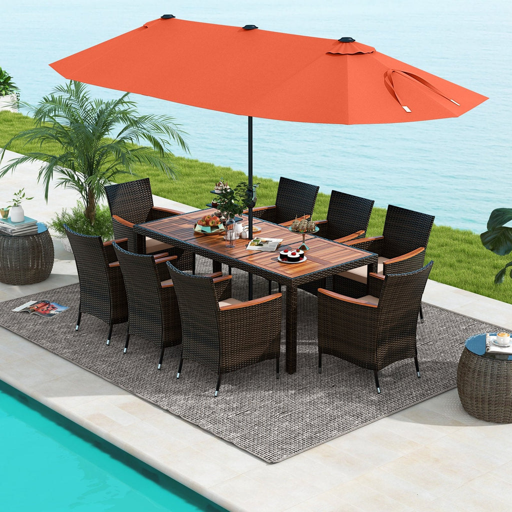 11 Pieces Patio Dining Set with 15 Feet Double-Sided Patio Umbrella and Base-Beige