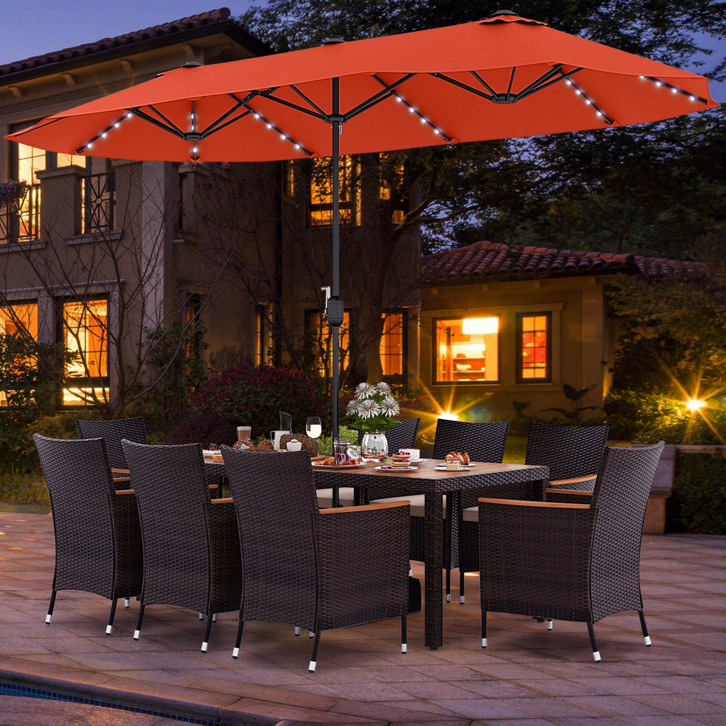 11 Pieces Patio Dining Set with 15 Feet Double-Sided Patio Umbrella and Base-Beige
