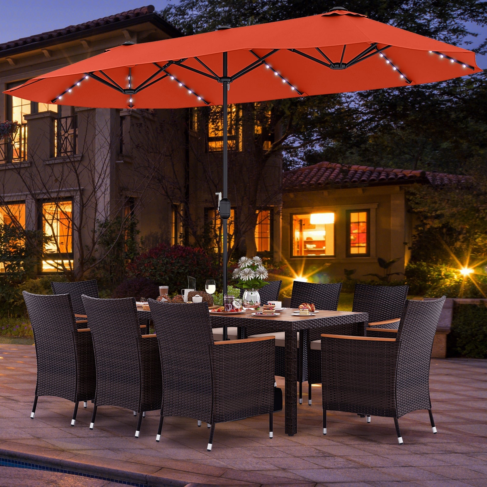 11 Pieces Patio Dining Set with 15 Feet Double-Sided Patio Umbrella and Base-Beige