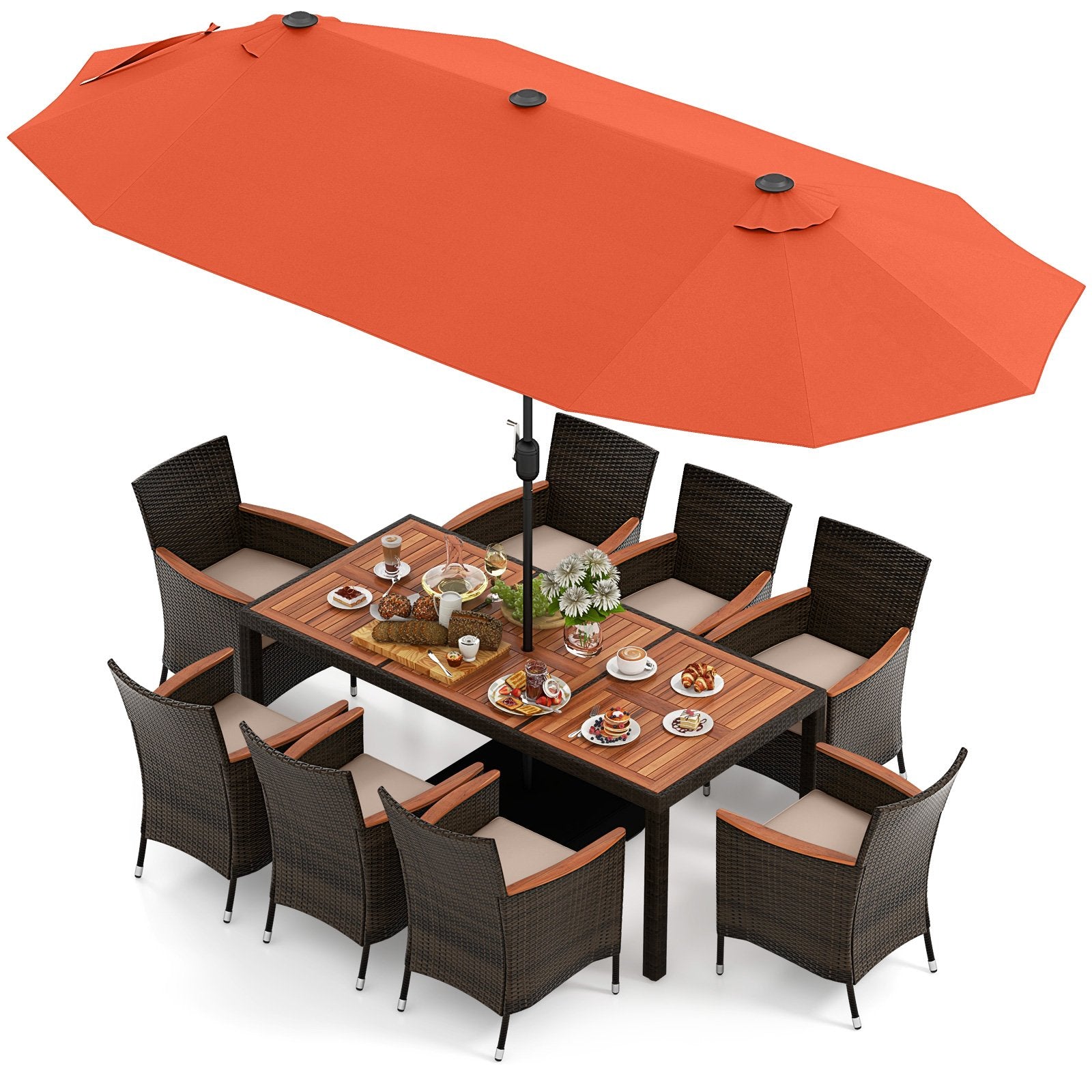 11 Pieces Patio Dining Set with 15 Feet Double-Sided Patio Umbrella and Base-Beige