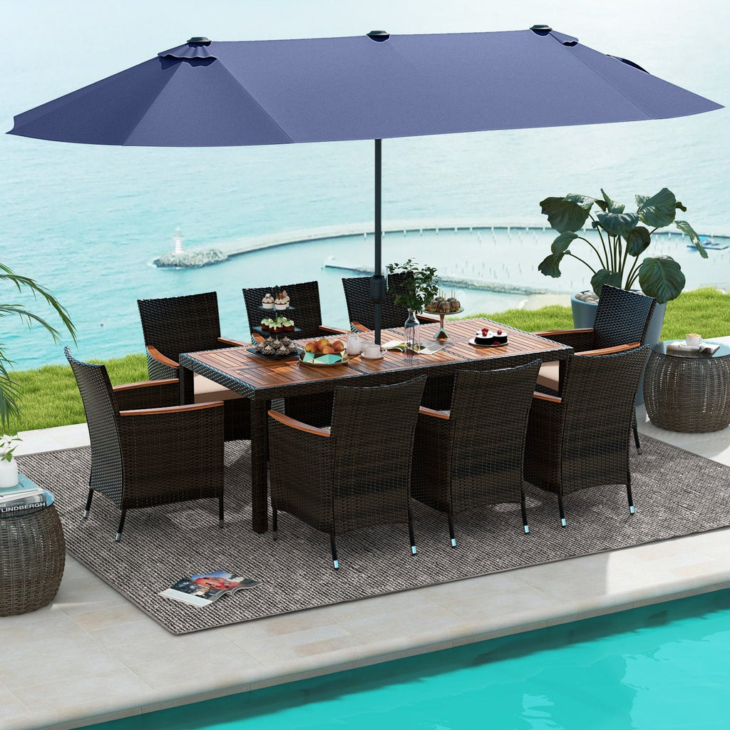 11 Pieces Patio Dining Set with 15 Feet Double-Sided Patio Umbrella and Base-Beige