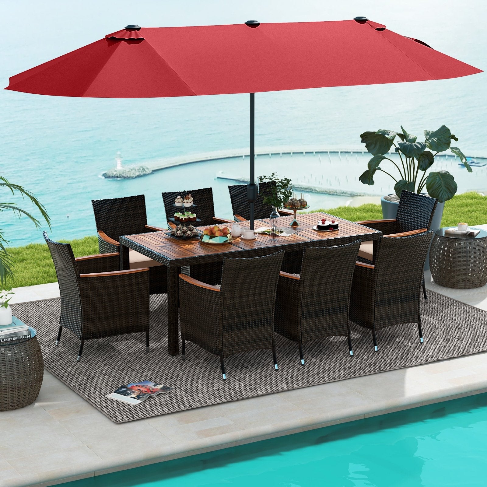 11 Pieces Patio Dining Set with 15 Feet Double-Sided Patio Umbrella and Base-Beige