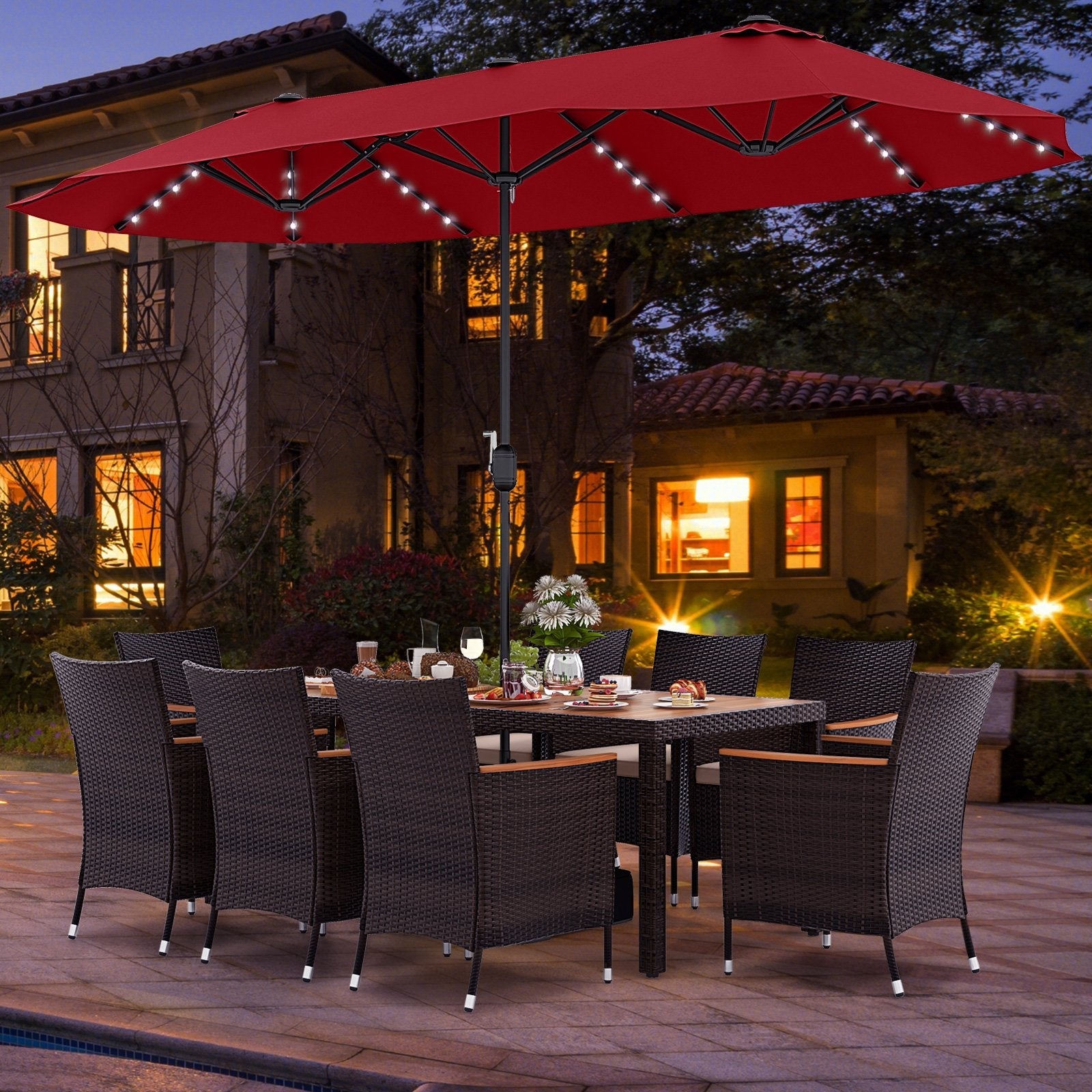 11 Pieces Patio Dining Set with 15 Feet Double-Sided Patio Umbrella and Base-Beige