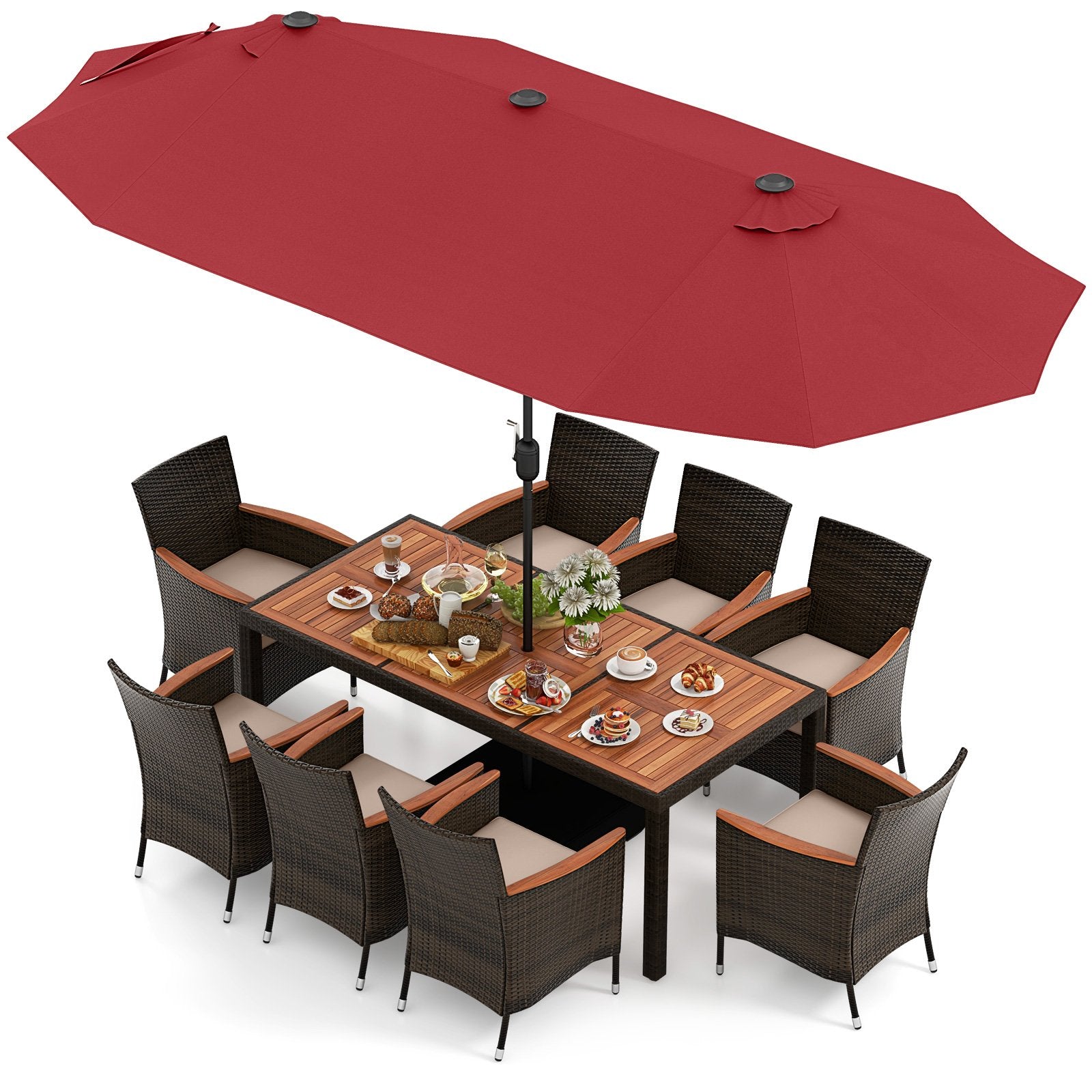 11 Pieces Patio Dining Set with 15 Feet Double-Sided Patio Umbrella and Base-Beige