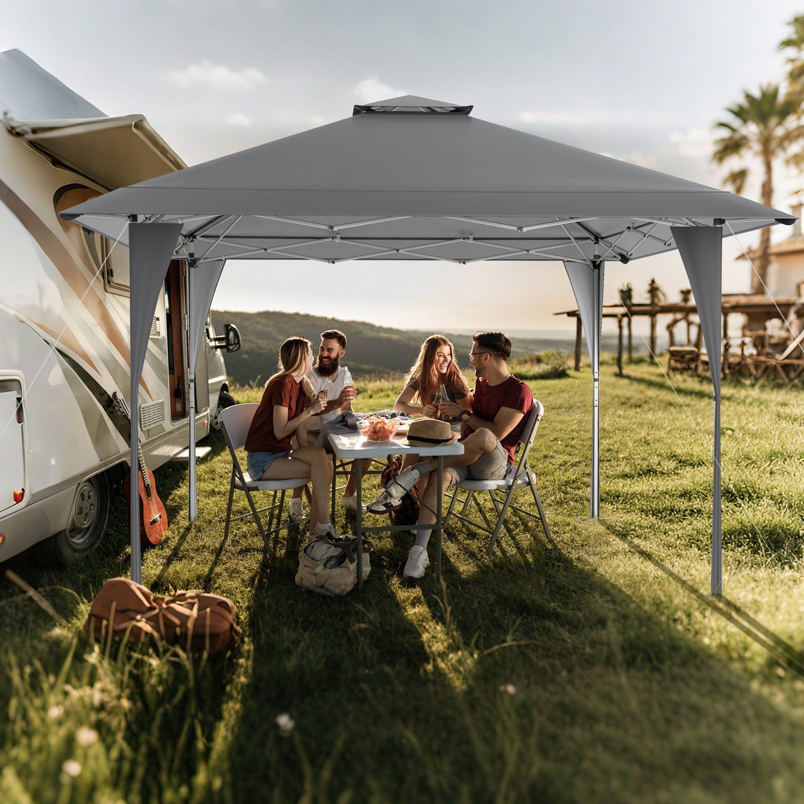 13 X 13 FT Pop up Gazebo with Portable Carrying Bag 8 Stakes and 4 Wind Ropes-Gray