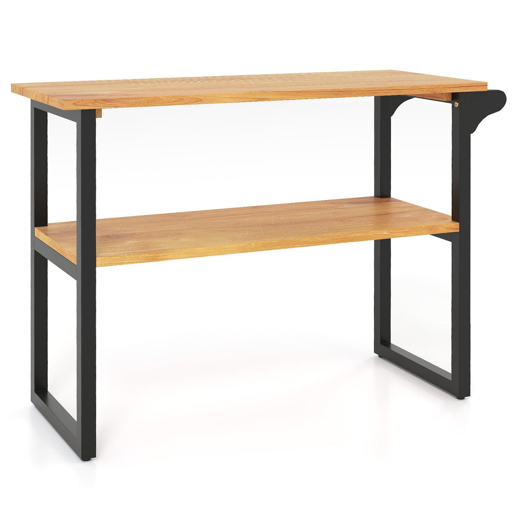 2-Tier Solid Teak Wood Bathroom Shelf with Towel Rack