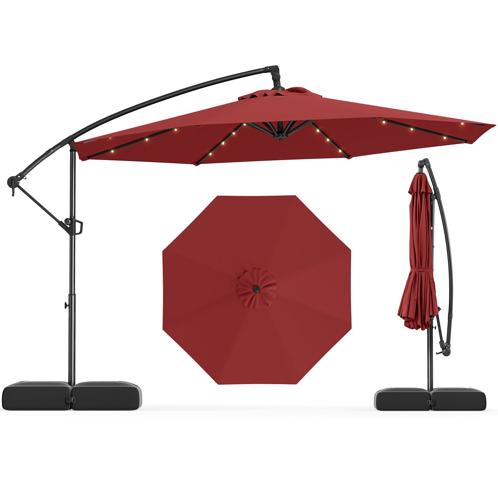 10 Feet Solar Offset Hanging Umbrella with Base and 32 LED Lights-Beige