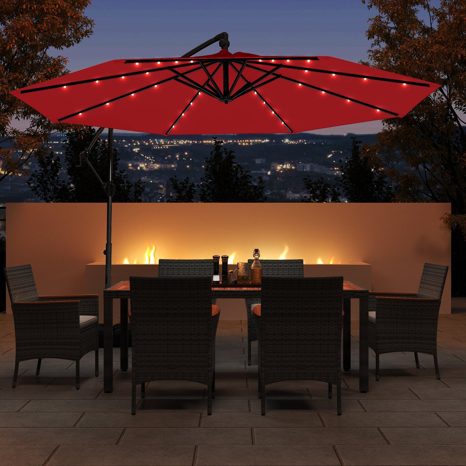 10 Feet Solar Offset Hanging Umbrella with Base and 32 LED Lights-Beige
