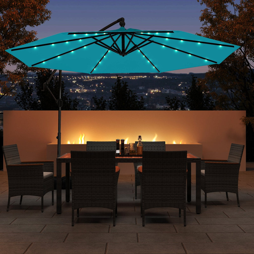 10 Feet Solar Offset Hanging Umbrella with Base and 32 LED Lights-Beige