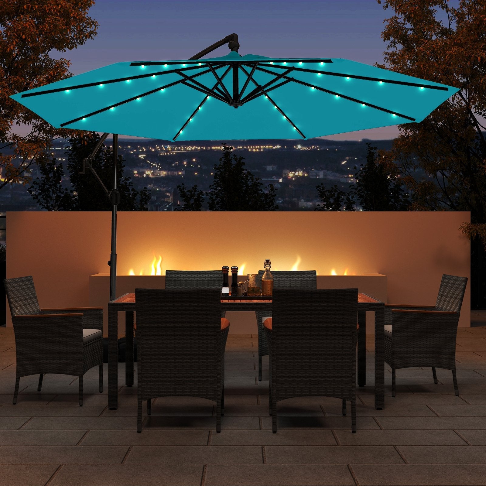 10 Feet Solar Offset Hanging Umbrella with Base and 32 LED Lights-Beige