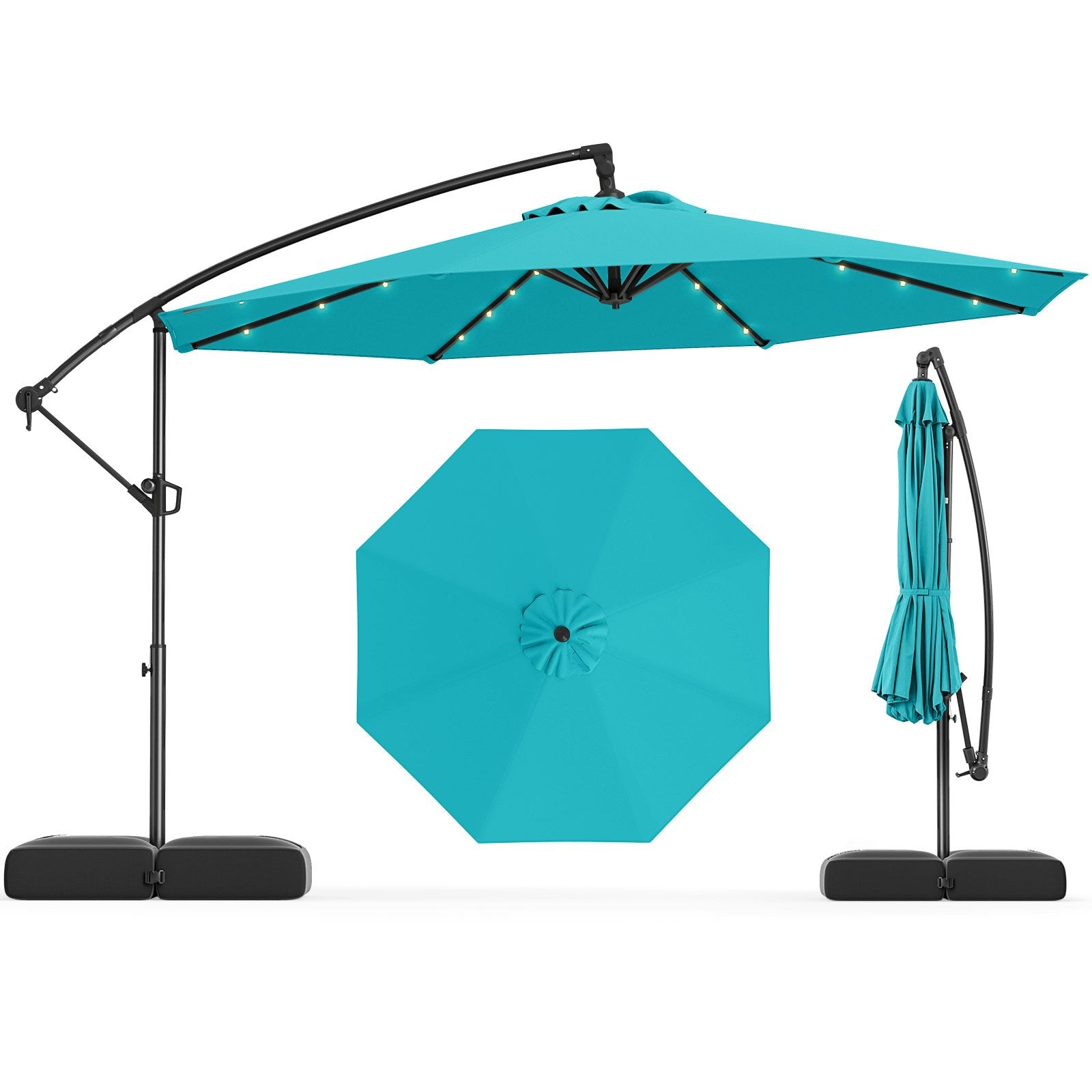 10 Feet Solar Offset Hanging Umbrella with Base and 32 LED Lights-Beige