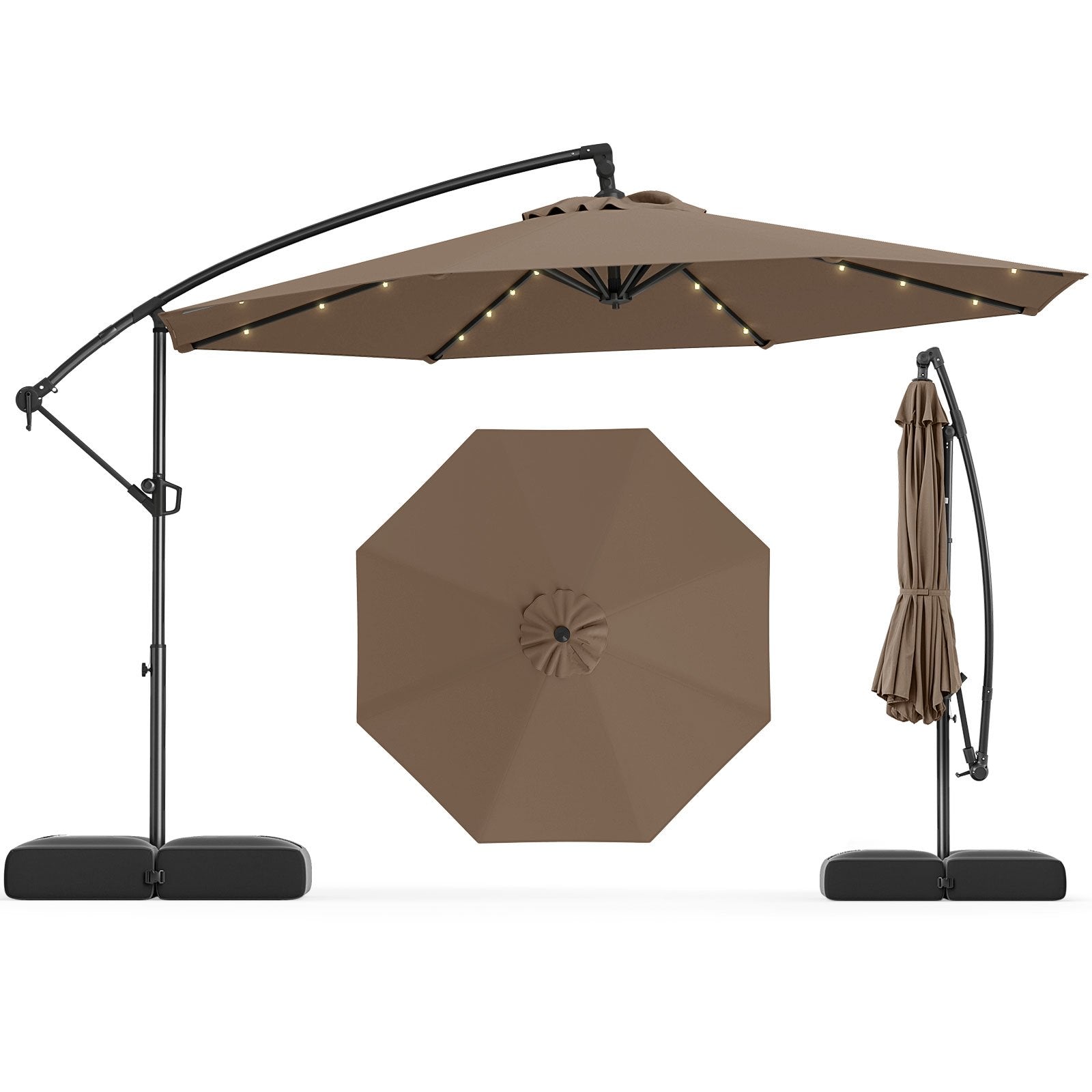 10 Feet Solar Offset Hanging Umbrella with Base and 32 LED Lights-Beige