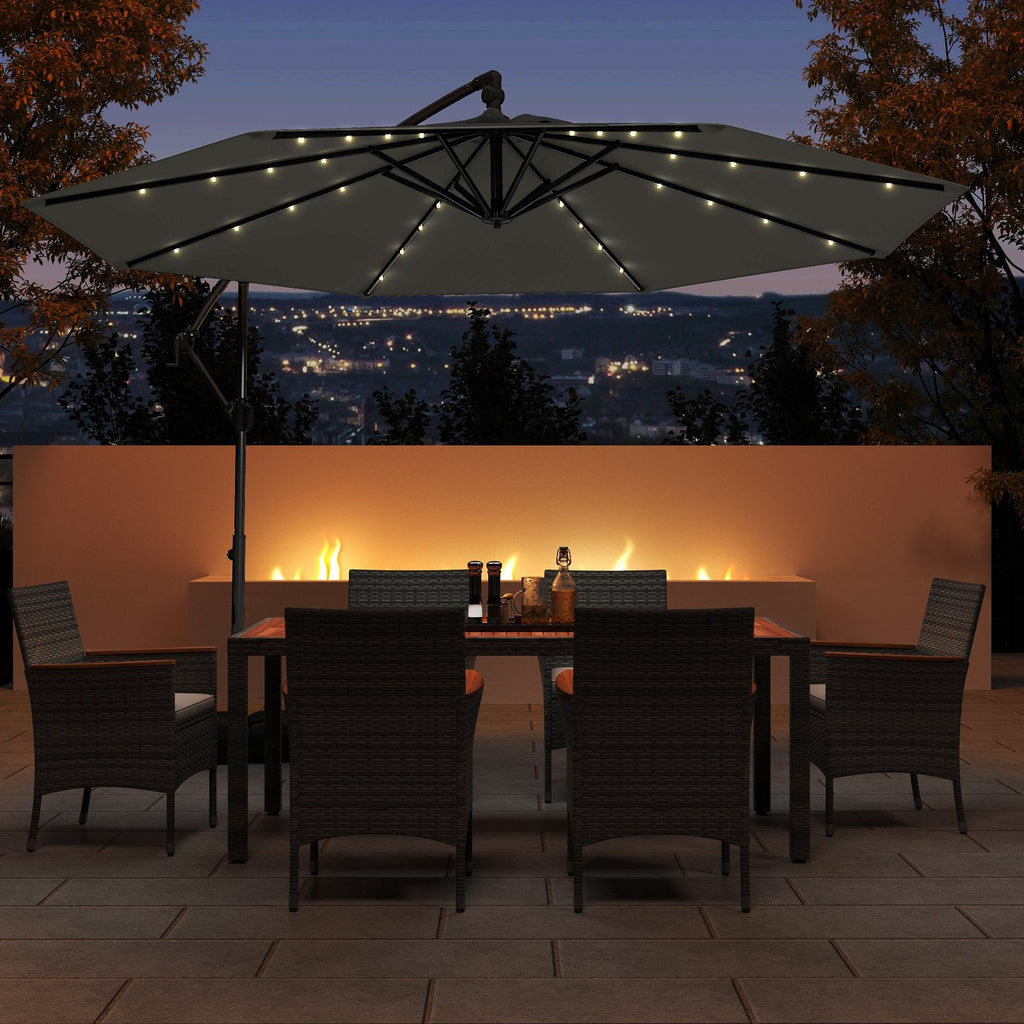 10 Feet Solar Offset Hanging Umbrella with Base and 32 LED Lights-Beige