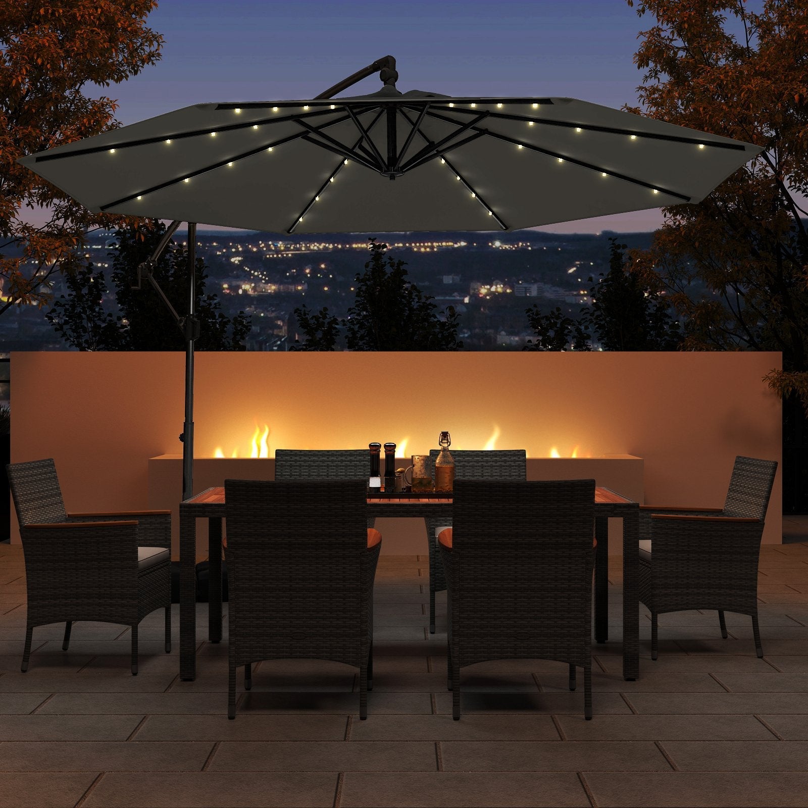 10 Feet Solar Offset Hanging Umbrella with Base and 32 LED Lights-Beige