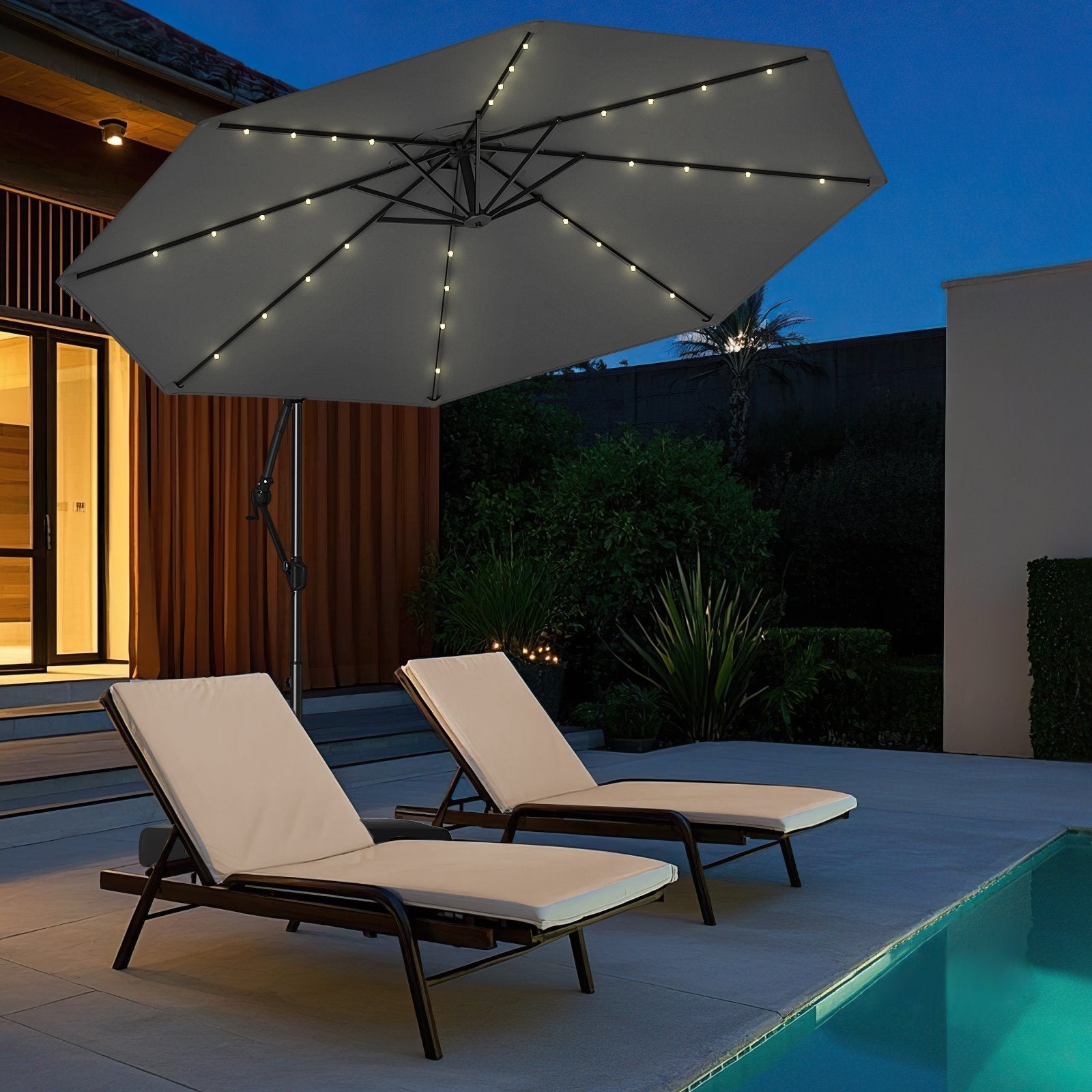 10 Feet Solar Offset Hanging Umbrella with Base and 32 LED Lights-Beige