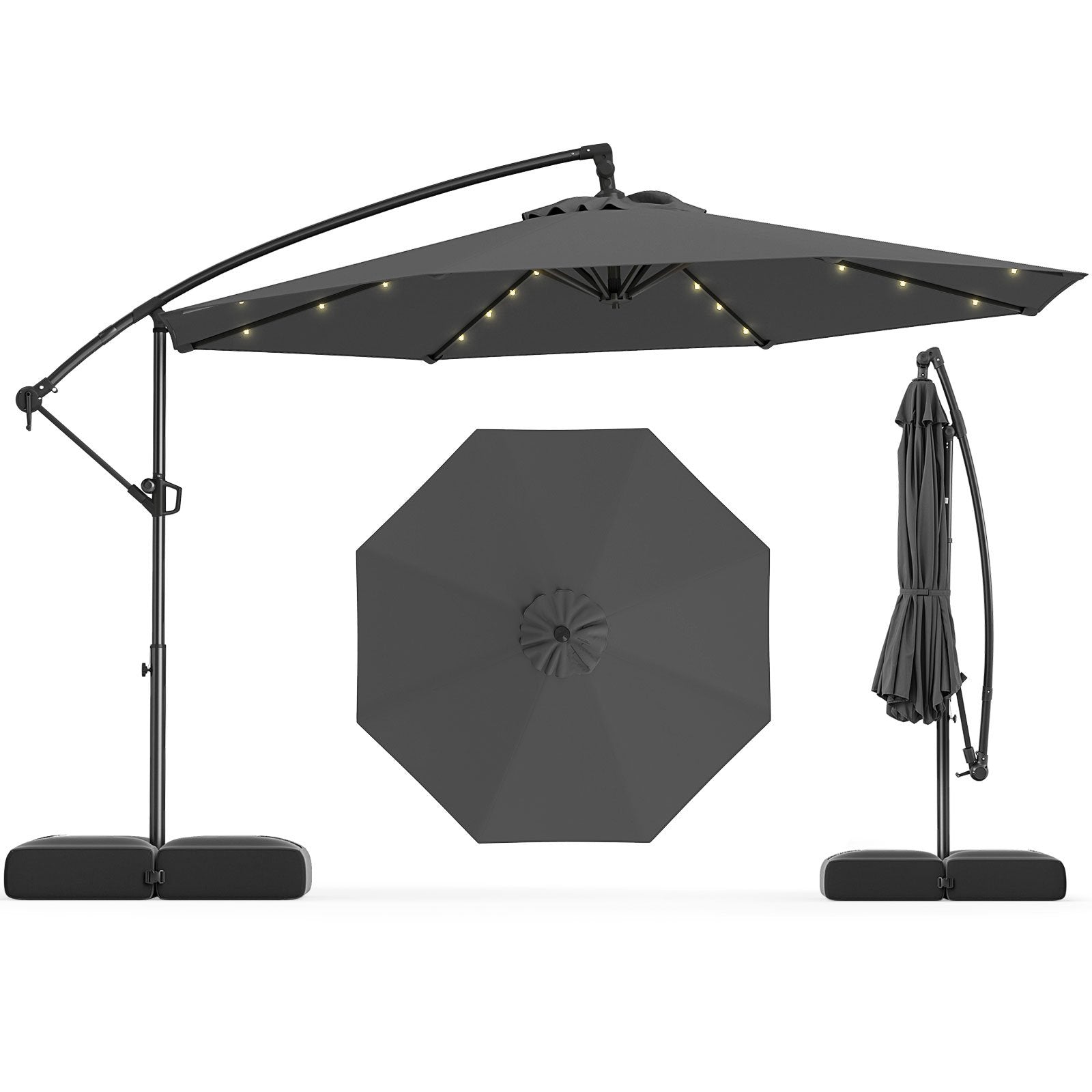 10 Feet Solar Offset Hanging Umbrella with Base and 32 LED Lights-Beige