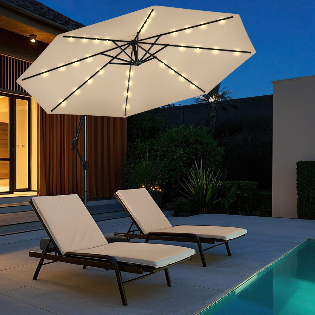 10 Feet Solar Offset Hanging Umbrella with Base and 32 LED Lights-Beige