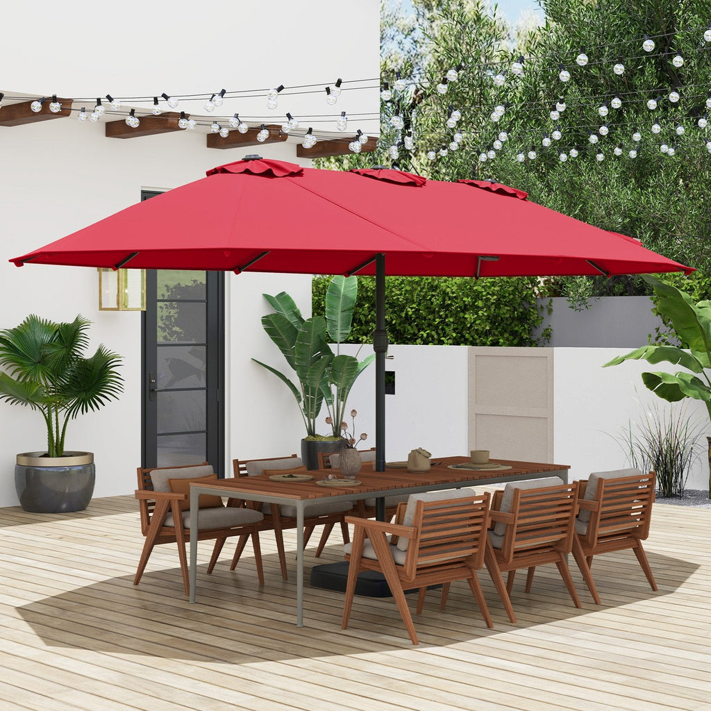 15 Feet Double-Sided Twin Patio Umbrella with Crank and Base Coffee in Outdoor Market-Beige