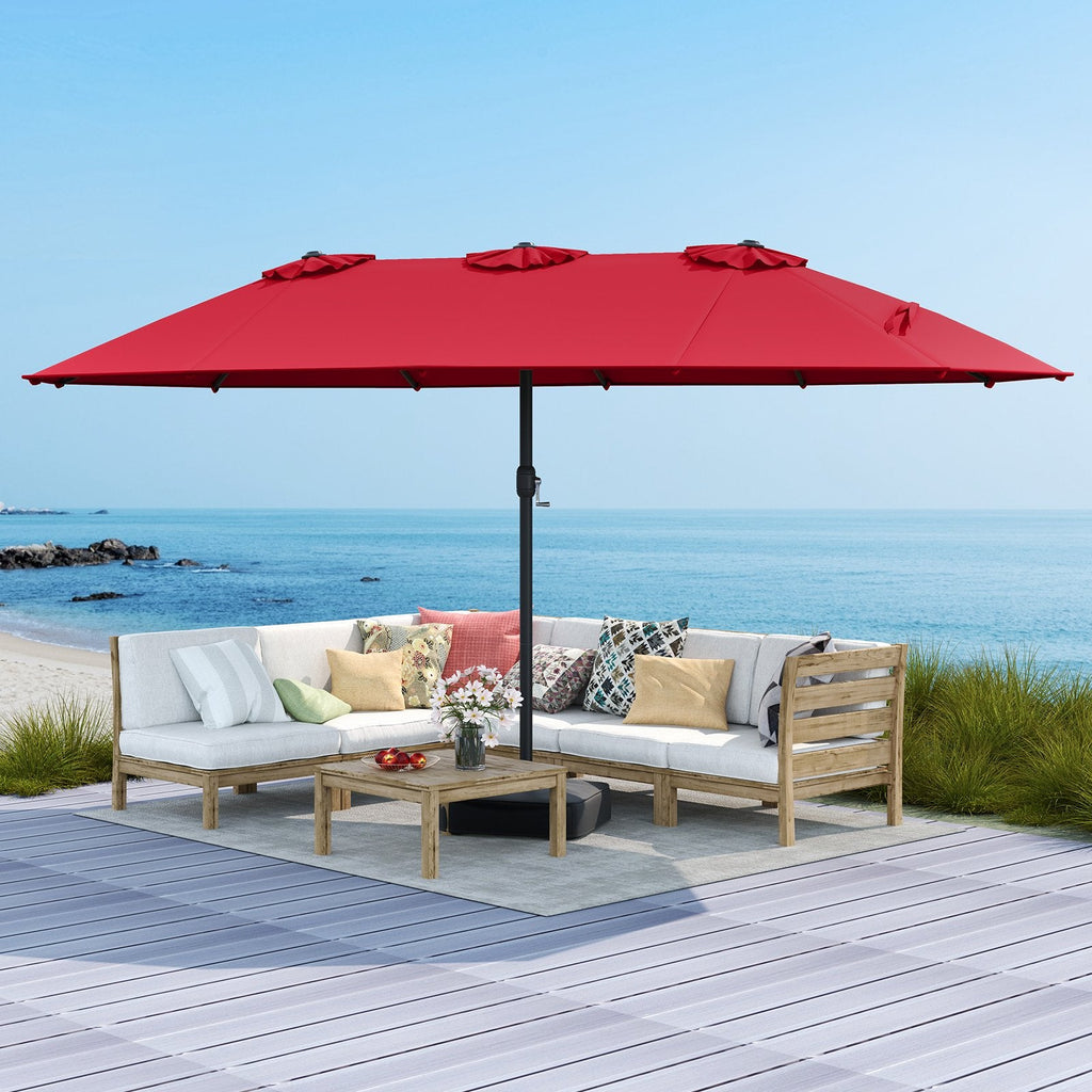 15 Feet Double-Sided Twin Patio Umbrella with Crank and Base Coffee in Outdoor Market-Beige