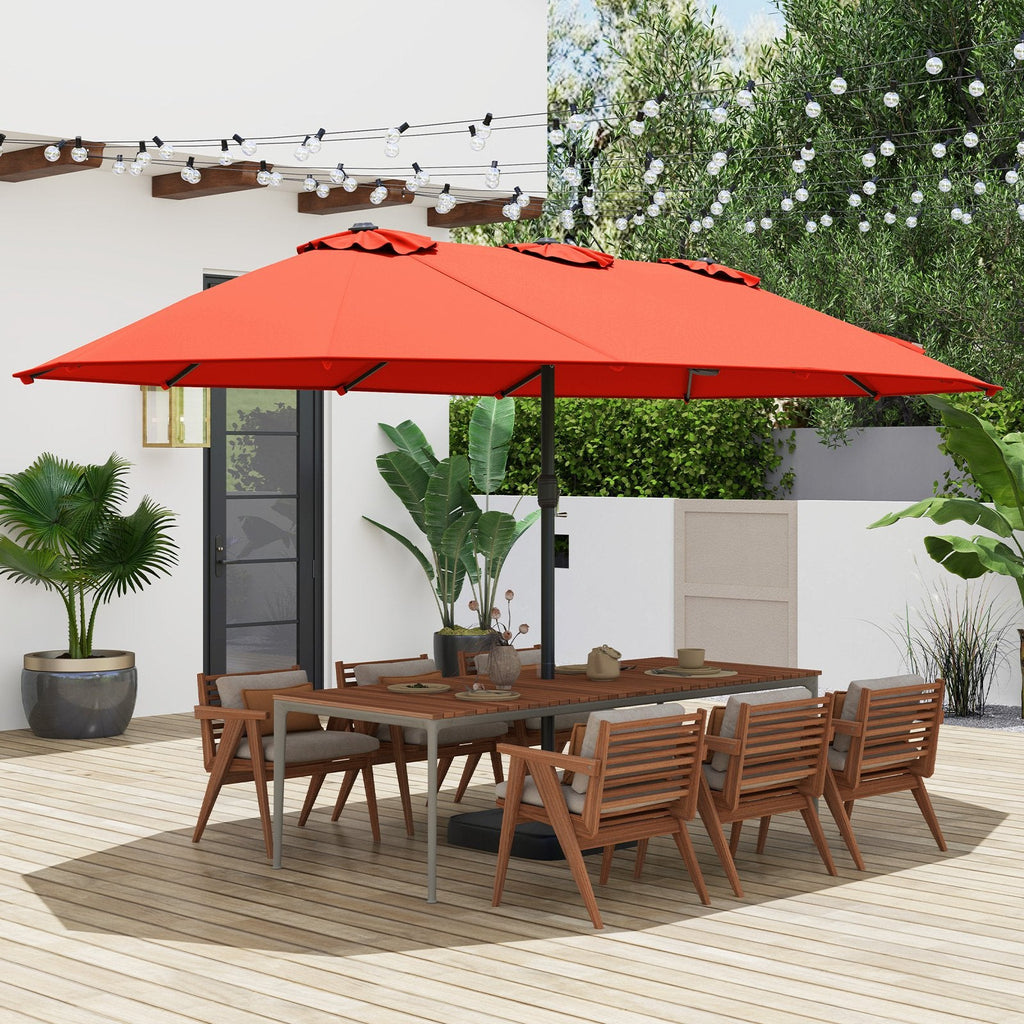 15 Feet Double-Sided Twin Patio Umbrella with Crank and Base Coffee in Outdoor Market-Beige