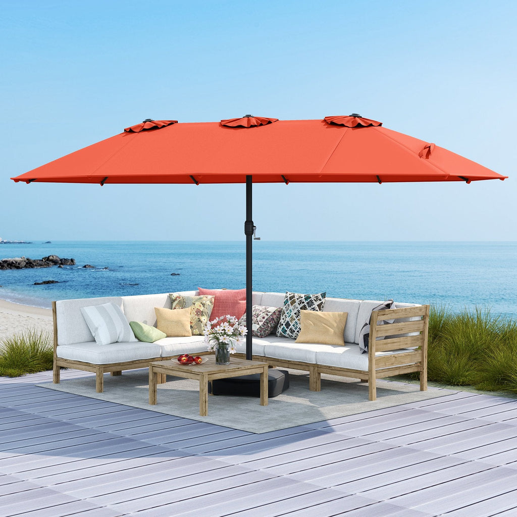 15 Feet Double-Sided Twin Patio Umbrella with Crank and Base Coffee in Outdoor Market-Beige