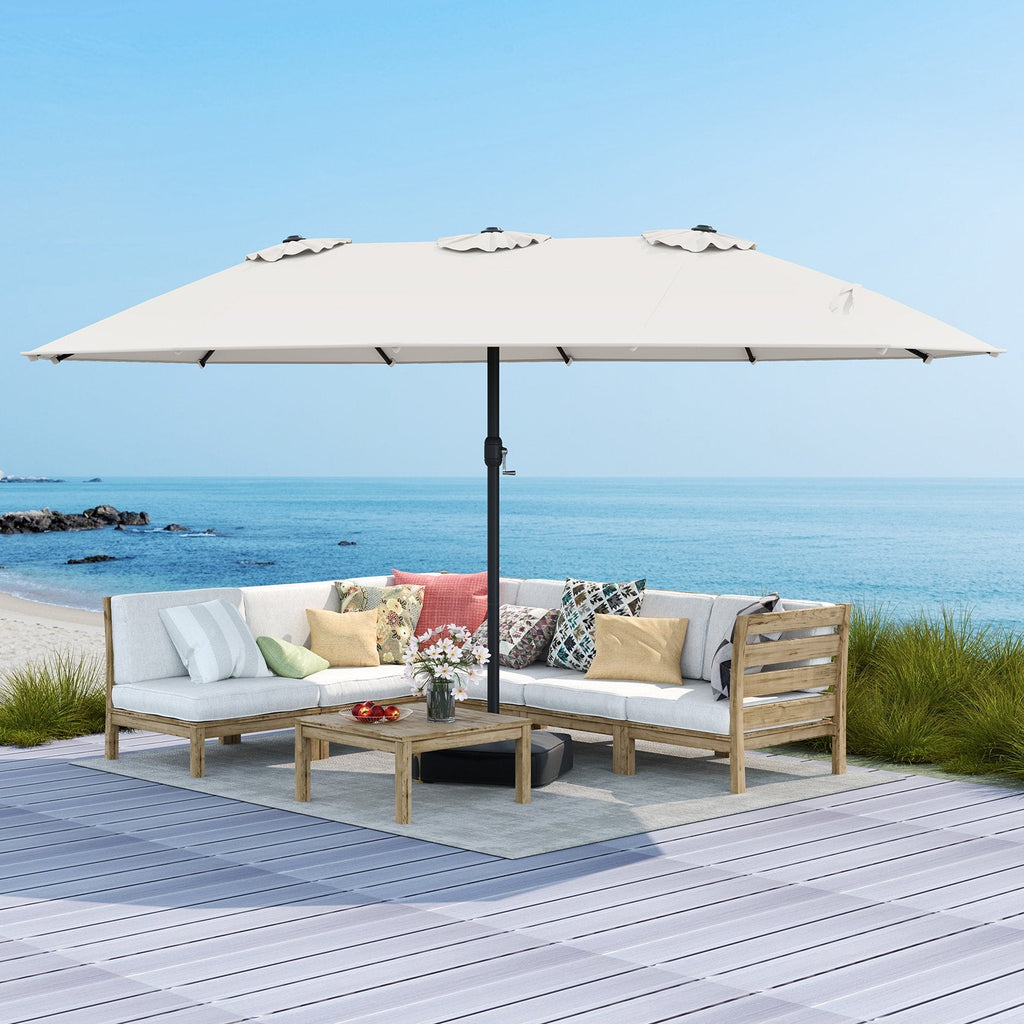 15 Feet Double-Sided Twin Patio Umbrella with Crank and Base Coffee in Outdoor Market-Beige