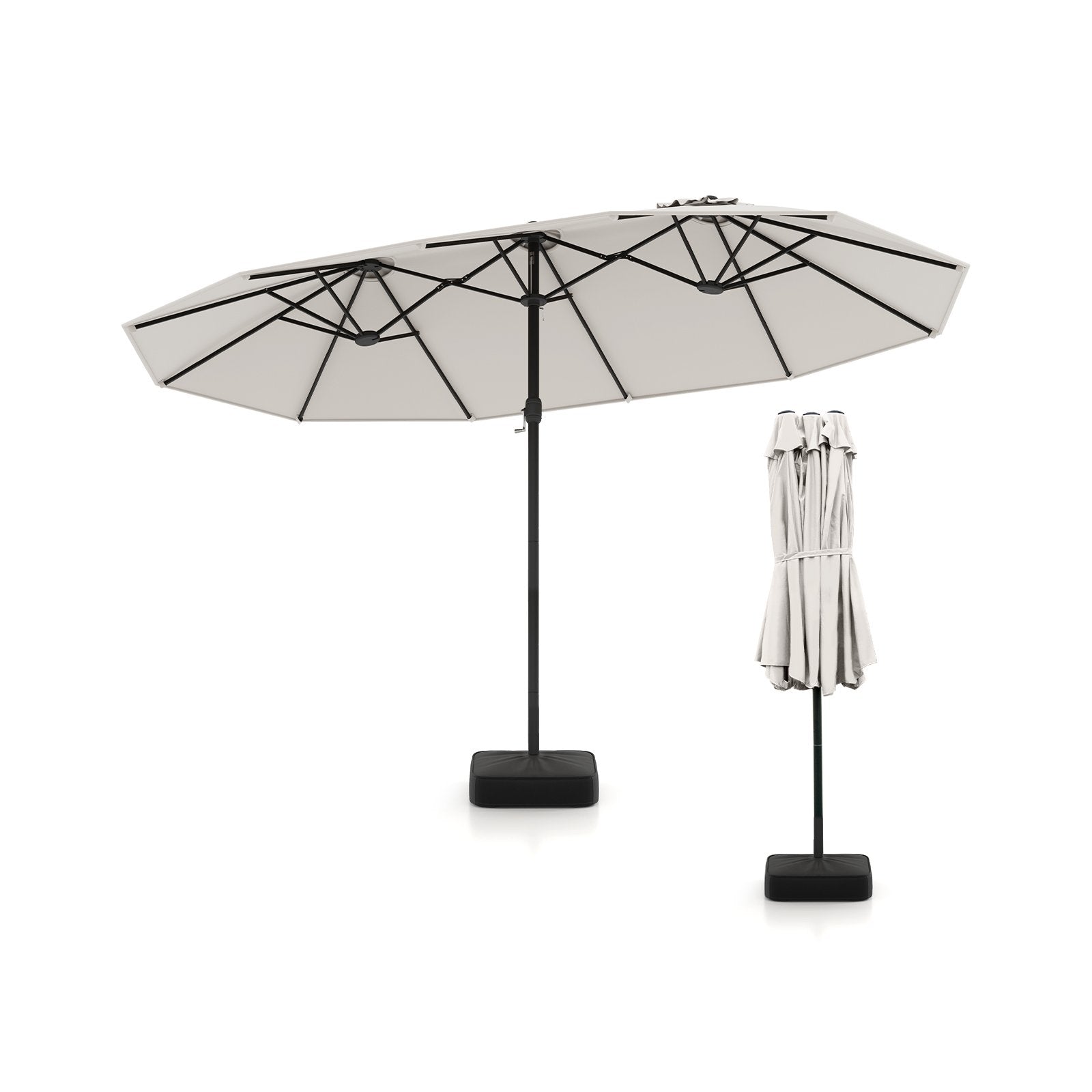 15 Feet Double-Sided Twin Patio Umbrella with Crank and Base Coffee in Outdoor Market-Beige
