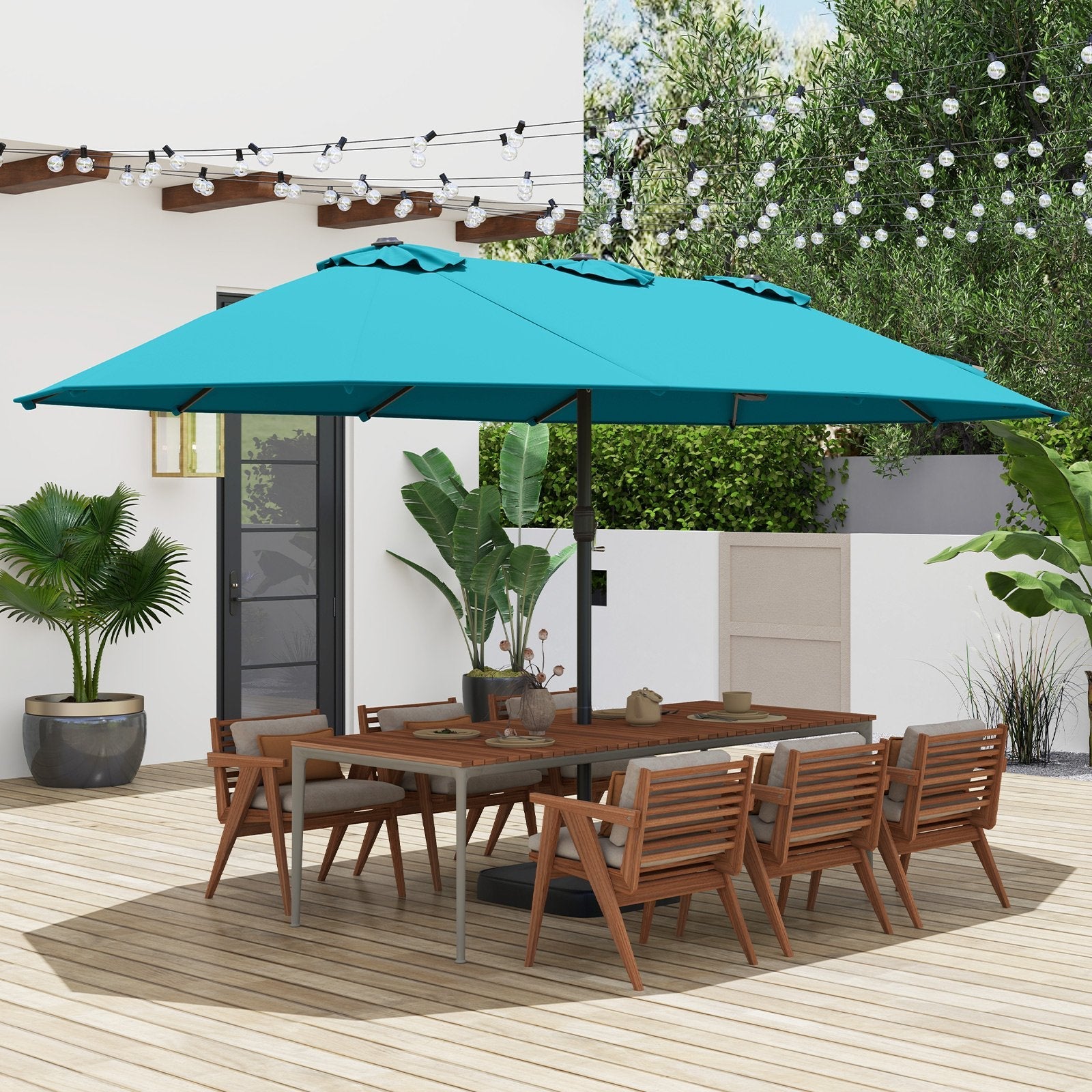 15 Feet Double-Sided Twin Patio Umbrella with Crank and Base Coffee in Outdoor Market-Beige