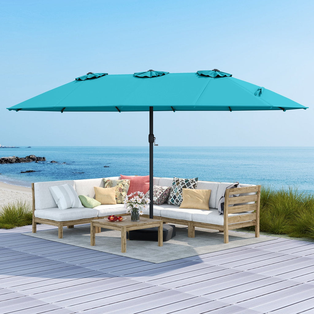 15 Feet Double-Sided Twin Patio Umbrella with Crank and Base Coffee in Outdoor Market-Beige