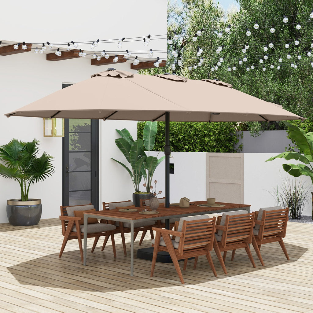 15 Feet Double-Sided Twin Patio Umbrella with Crank and Base Coffee in Outdoor Market-Beige