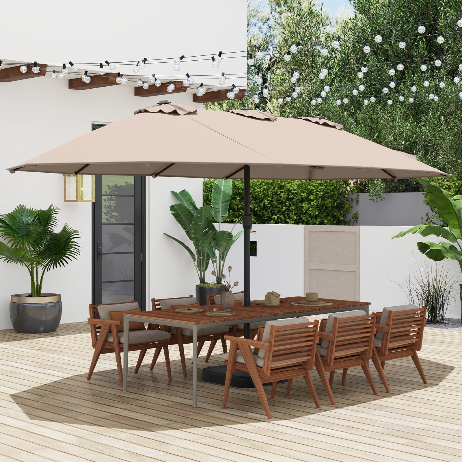 15 Feet Double-Sided Twin Patio Umbrella with Crank and Base Coffee in Outdoor Market-Beige