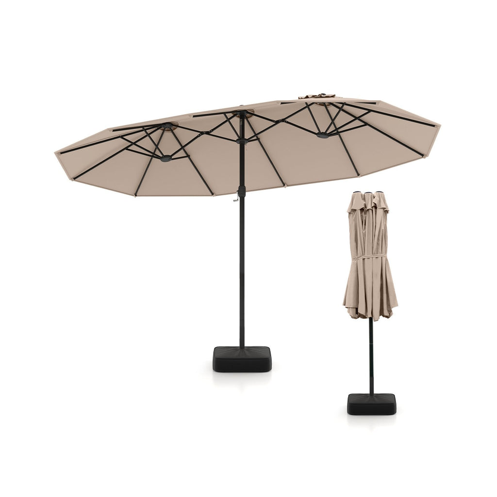 15 Feet Double-Sided Twin Patio Umbrella with Crank and Base Coffee in Outdoor Market-Beige
