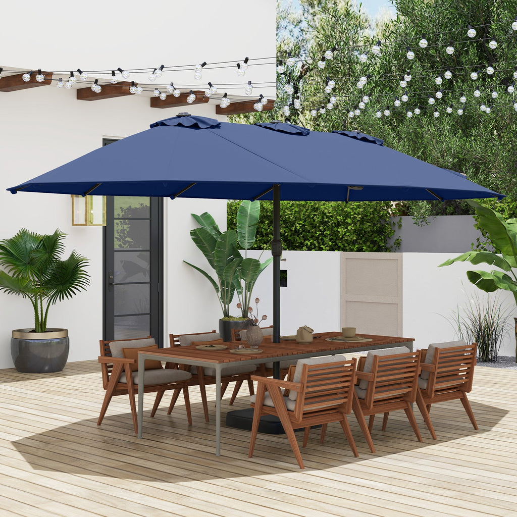 15 Feet Double-Sided Twin Patio Umbrella with Crank and Base Coffee in Outdoor Market-Beige