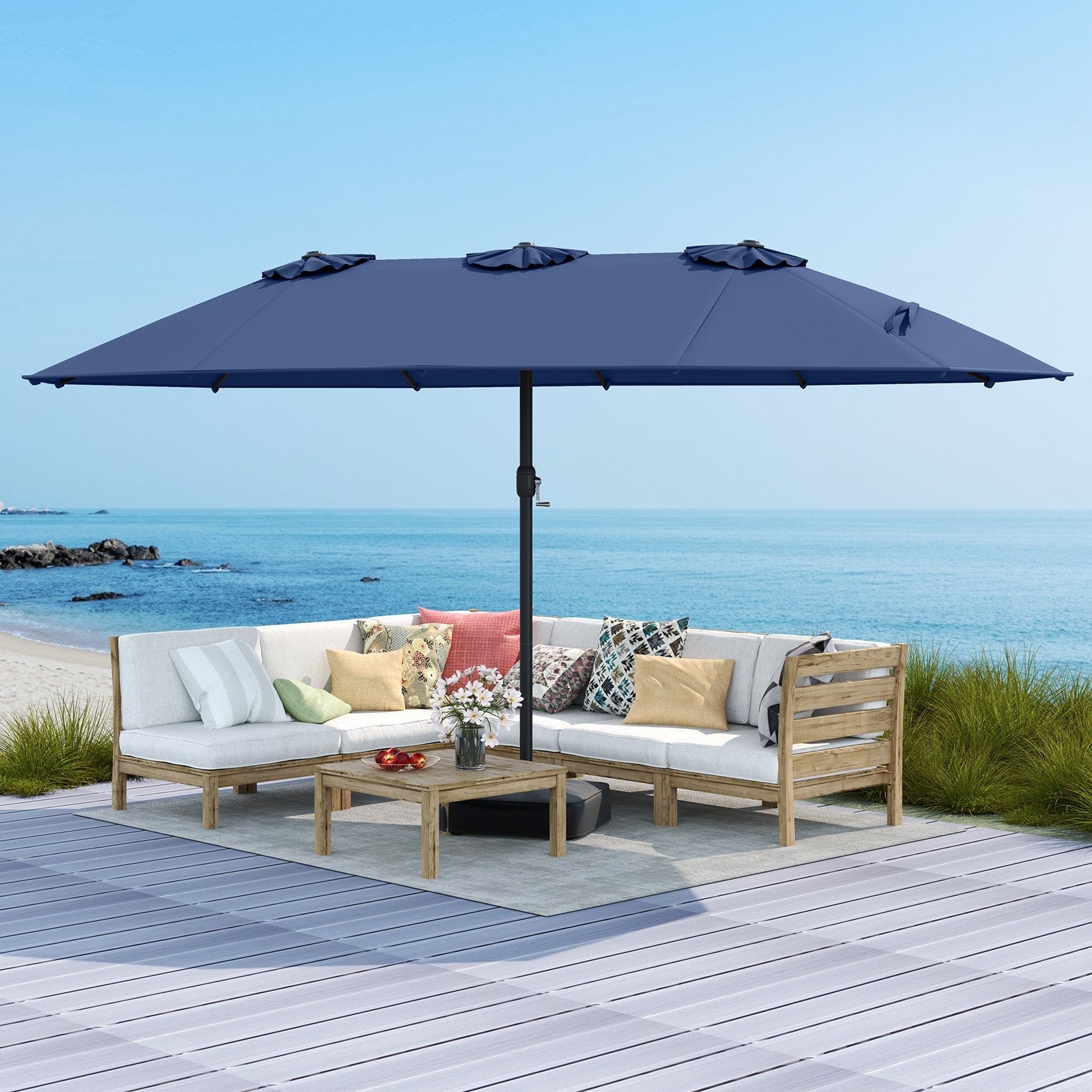 15 Feet Double-Sided Twin Patio Umbrella with Crank and Base Coffee in Outdoor Market-Beige