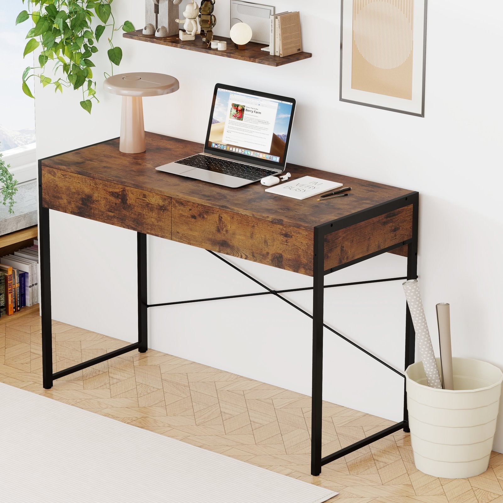 2-Drawer Home Office Desk with Steel Frame-Black