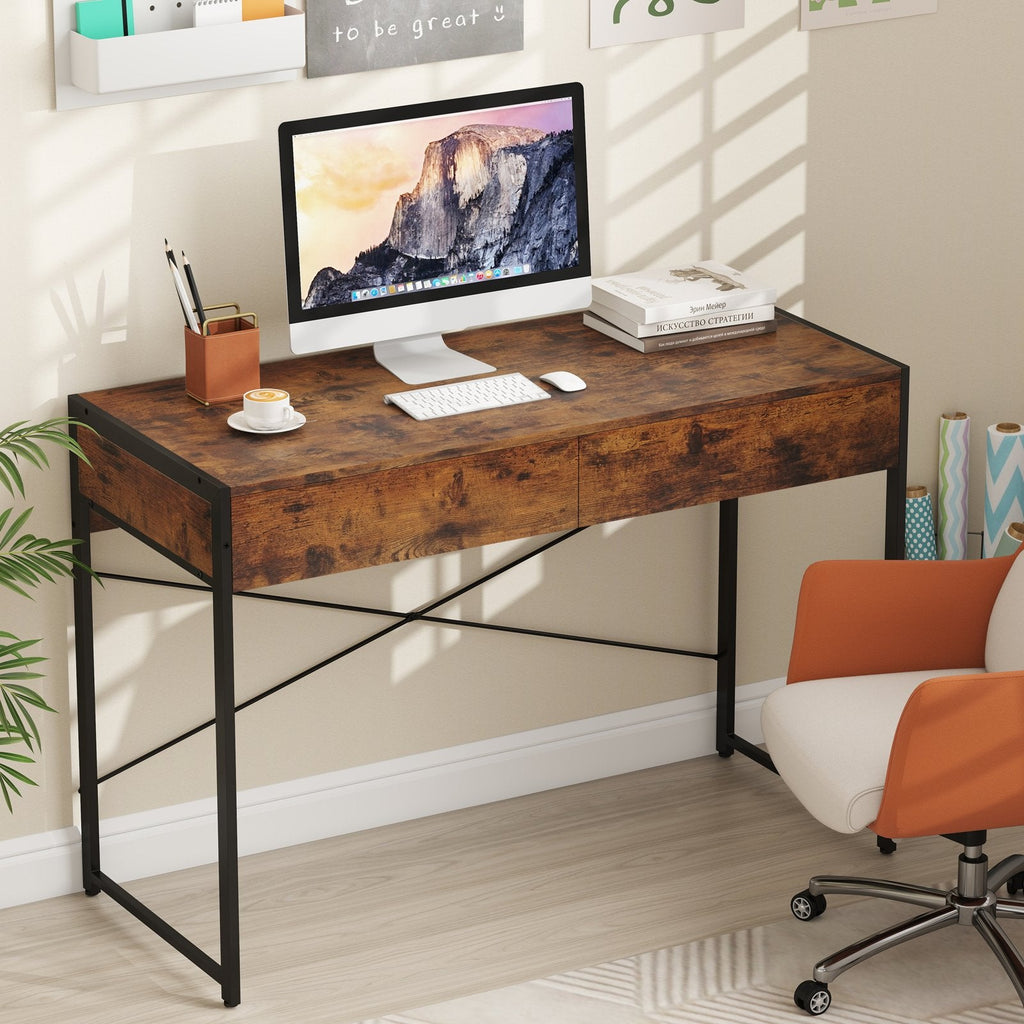2-Drawer Home Office Desk with Steel Frame-Black