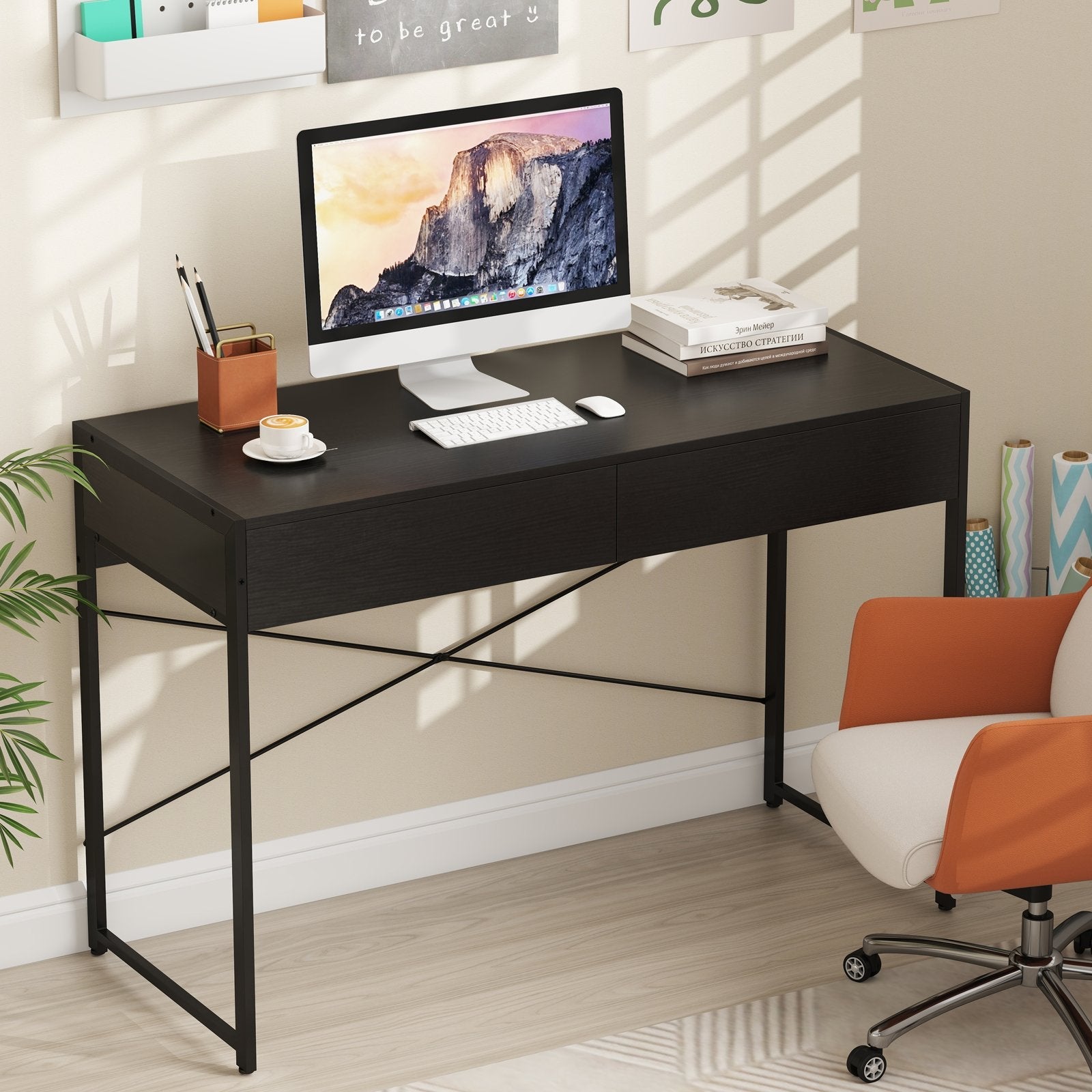 2-Drawer Home Office Desk with Steel Frame-Black