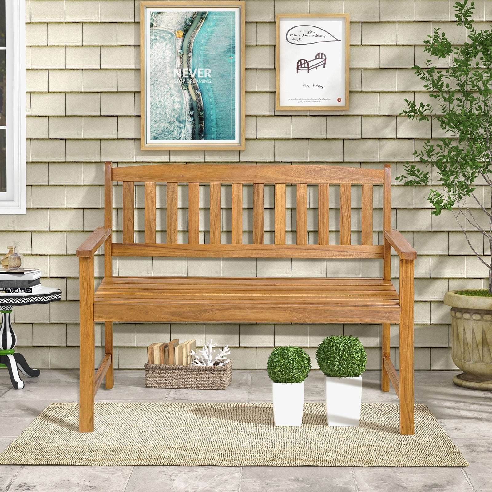 2-Person Patio Acacia Wood Bench with Backrest and Armrests